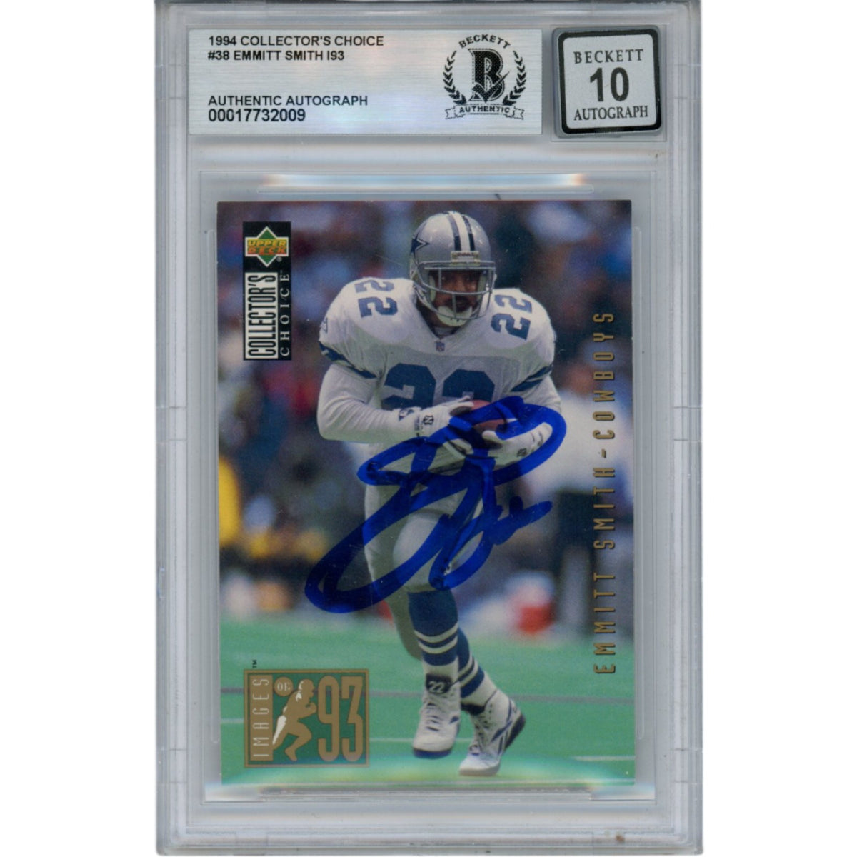 Emmitt Smith Smith, Emmitt Autographed Dallas Cowboys Signed Card - 1993 Collectors Choice #38 Slab Beckett Beckett-Powers Sports Memorabilia
