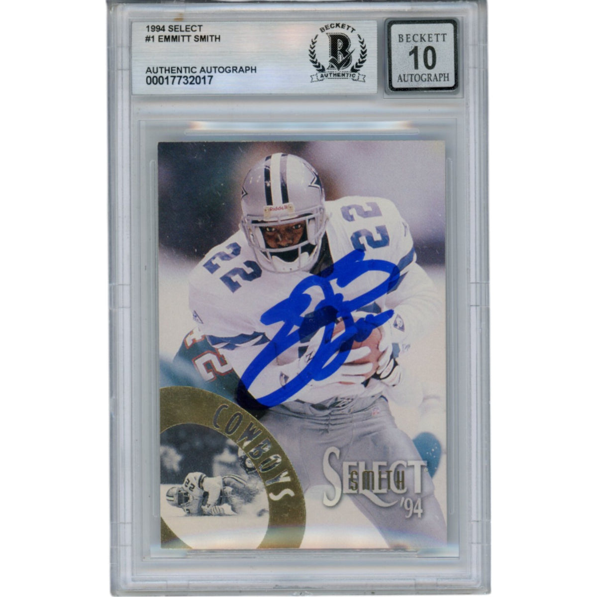 Emmitt Smith Dallas Cowboys Signed Card - 1994 Select #1 10 Grade Slab Beckett Beckett-Powers Sports Memorabilia