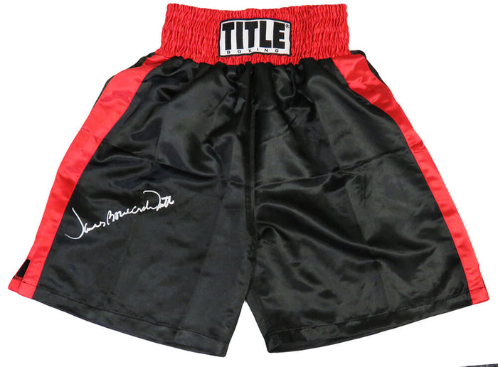 James Smith Autographed Title Black With Red Trim Boxing Trunks with Bonecrusher-Powers Sports Memorabilia