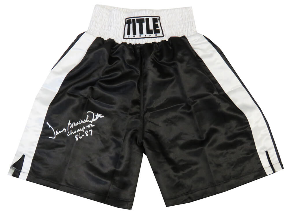 James Smith Autographed Title Black With White Trim Boxing Trunks-Powers Sports Memorabilia