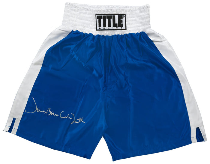 James 'Bonecrusher' Smith Autographed Title Blue With White Trim Boxing Trunks-Powers Sports Memorabilia