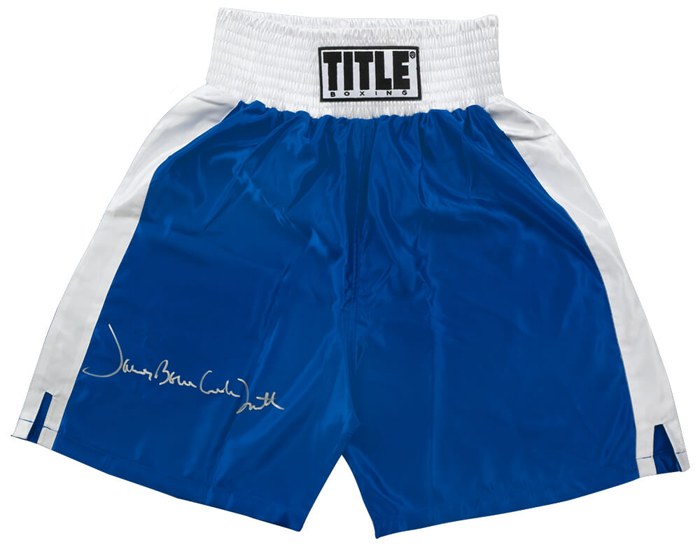 James 'Bonecrusher' Smith Autographed Title Blue With White Trim Boxing Trunks-Powers Sports Memorabilia