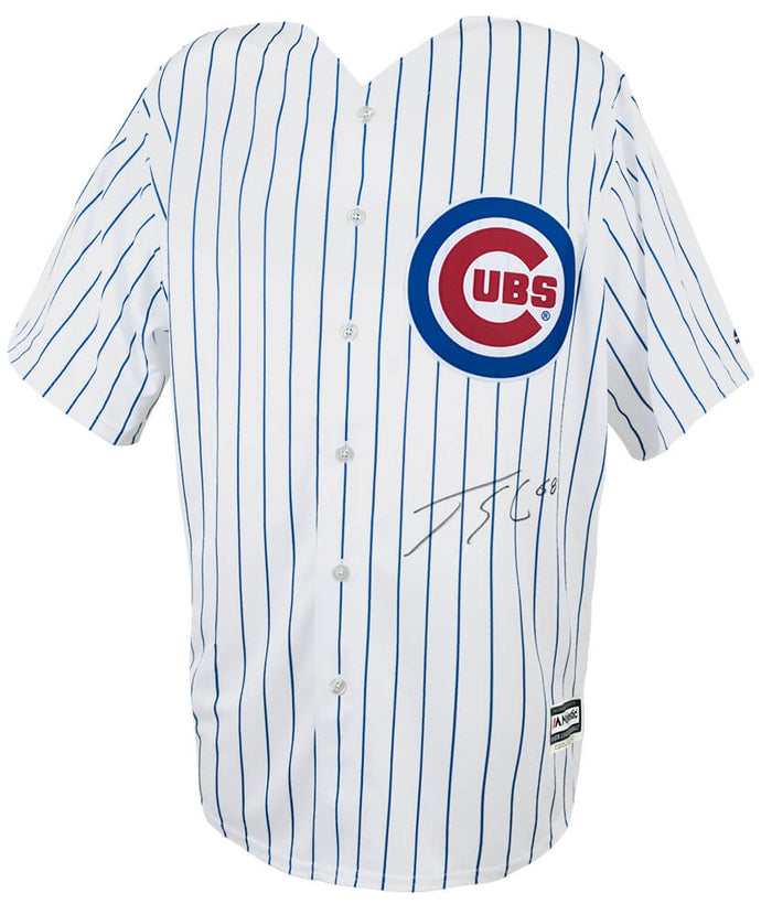 Jorge Soler Autographed Chicago Cubs White Pinstripe Majestic Replica Baseball Jersey-Powers Sports Memorabilia