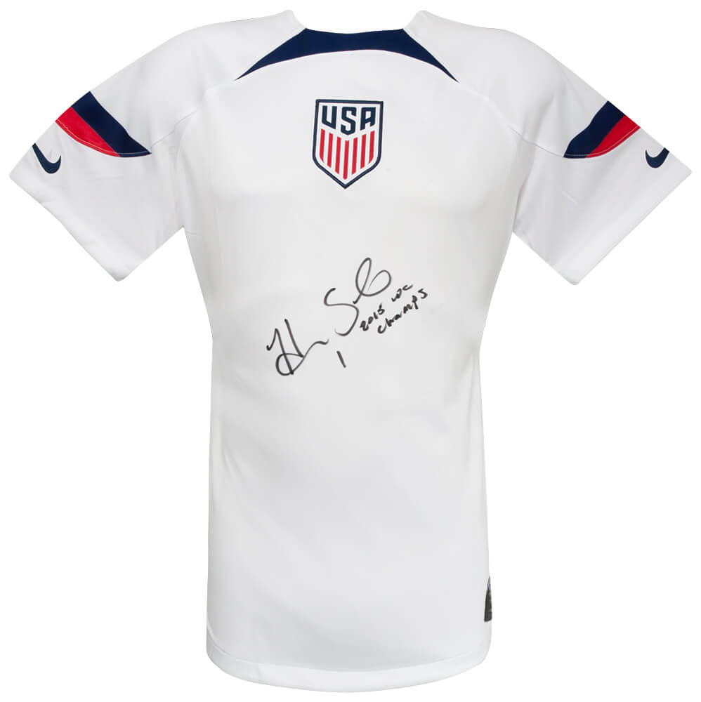 Hope Solo Autographed Women's White Nike Dri-Fit Soccer Jersey with 2015 WC Champs-Powers Sports Memorabilia