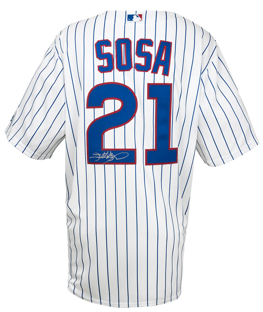 Sammy Sosa Chicago Cubs Autographed Pinstripe Majestic Replica Baseball-Powers Sports Memorabilia