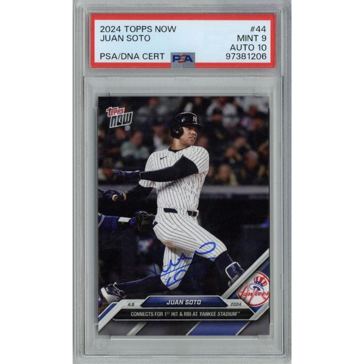 Juan Soto New York Yankees Signed 2024 Topps Now #44 Card (PSA 9/10 Auto #97381206)-Powers Sports Memorabilia