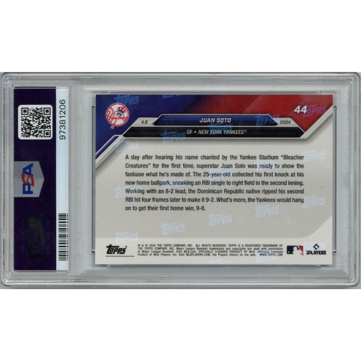 Juan Soto New York Yankees Signed 2024 Topps Now #44 Card (PSA 9/10 Auto #97381206)-Powers Sports Memorabilia