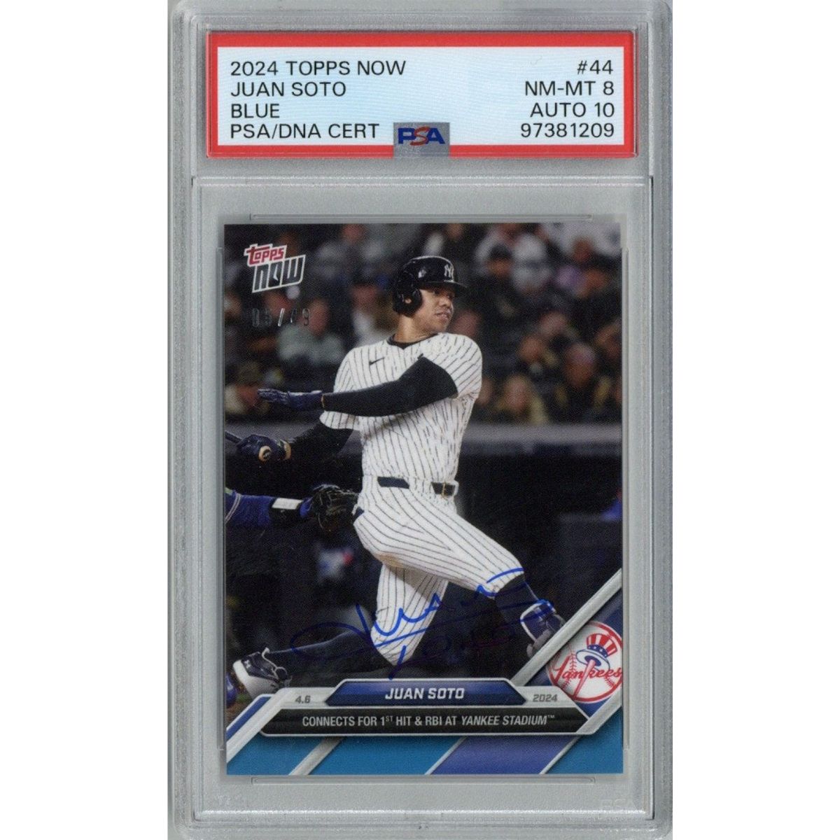 Juan Soto New York Yankees Signed 2024 Topps Now #44 Blue Parallel Card #5/49 (PSA 8/10 Auto #97381209)-Powers Sports Memorabilia