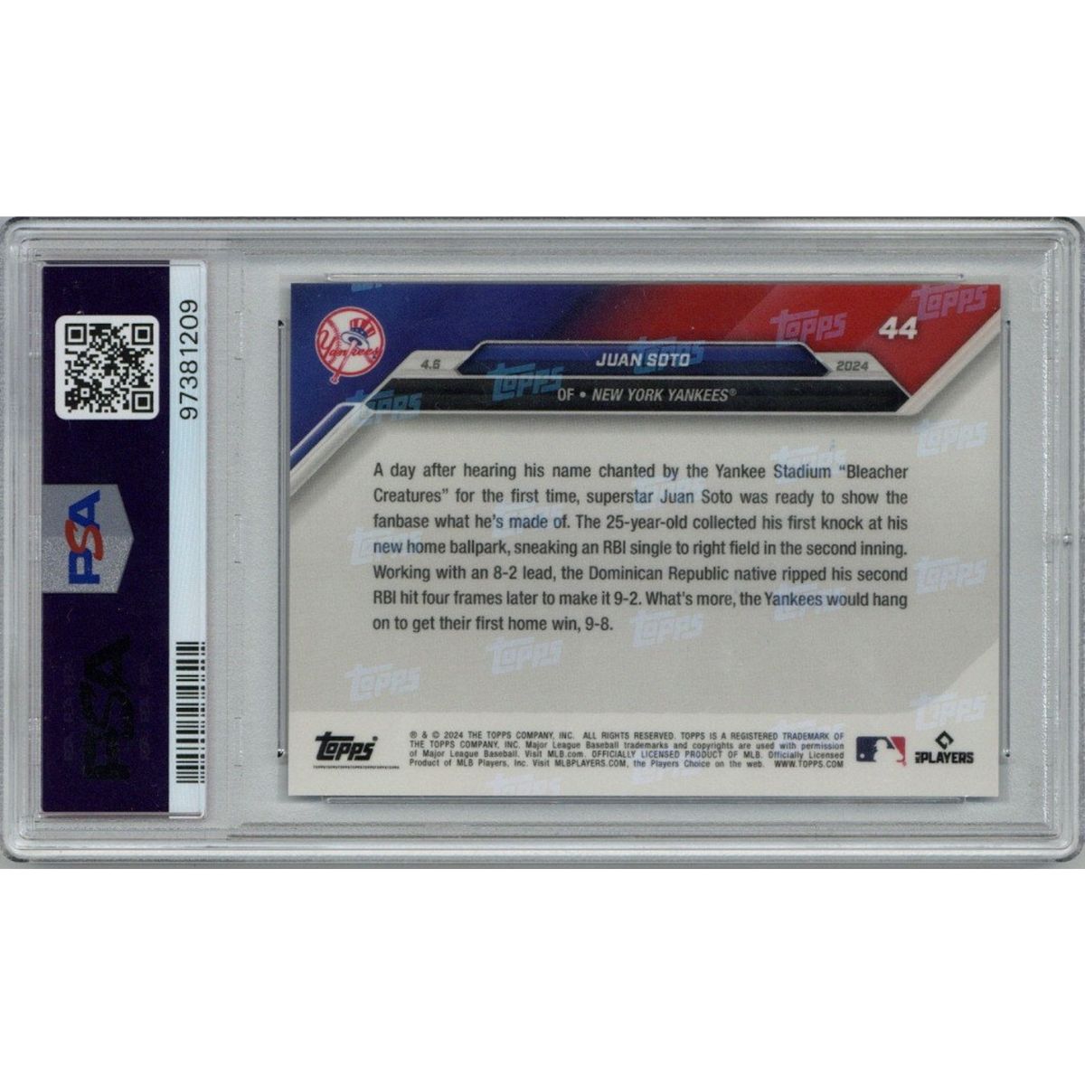 Juan Soto New York Yankees Signed 2024 Topps Now #44 Blue Parallel Card #5/49 (PSA 8/10 Auto #97381209)-Powers Sports Memorabilia
