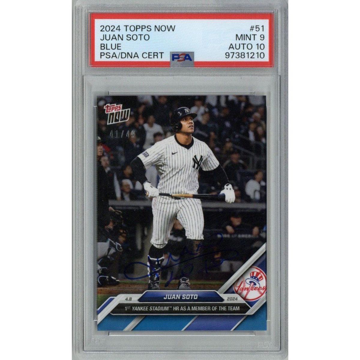 Juan Soto New York Yankees Signed 2024 Topps Now #51 Blue Parallel Card #41/49 (PSA 9/10 Auto #97381210)-Powers Sports Memorabilia