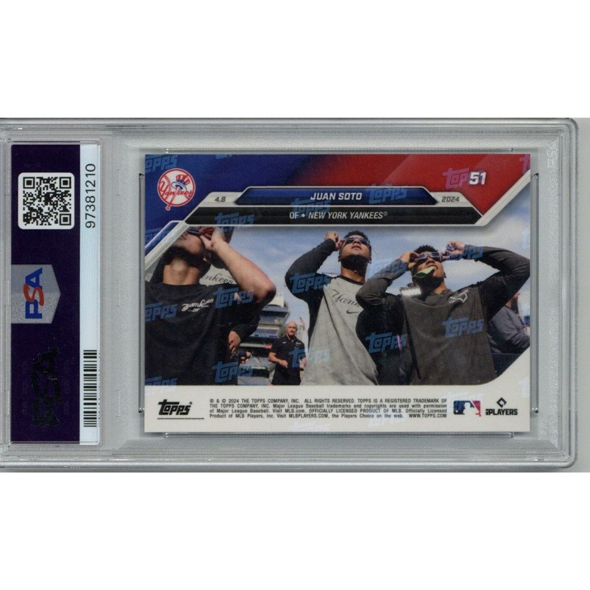 Juan Soto New York Yankees Signed 2024 Topps Now #51 Blue Parallel Card #41/49 (PSA 9/10 Auto #97381210)-Powers Sports Memorabilia