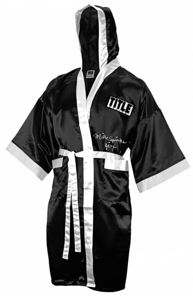 Michael (Mike) Spinks Autographed Title Black With White Trim Boxing Robe with Jinx-Powers Sports Memorabilia
