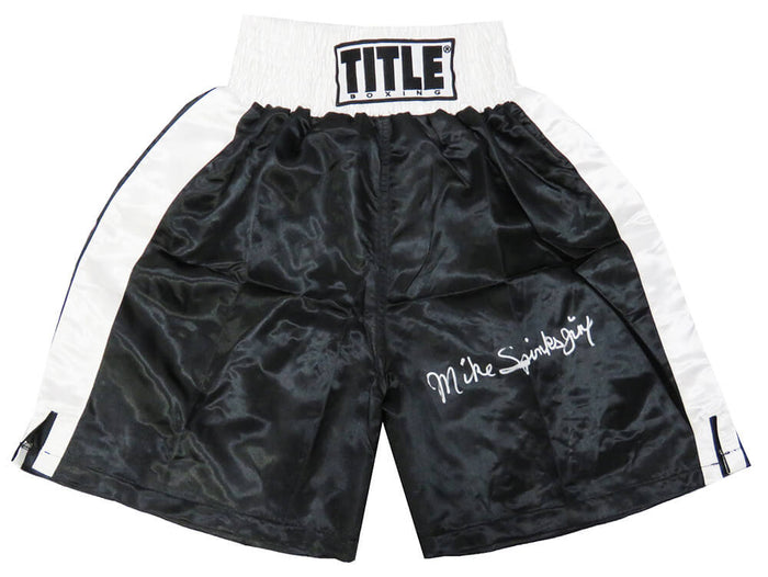 Michael (Mike) Spinks Autographed Title Black With White Trim Boxing Trunks with Jinx-Powers Sports Memorabilia