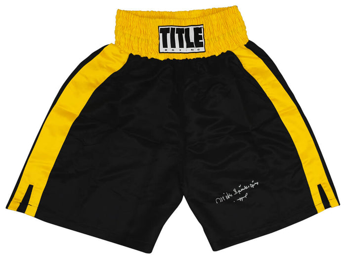 Michael (Mike) Spinks Autographed Title Black With Gold Trim Boxing Trunks with Jinx-Powers Sports Memorabilia