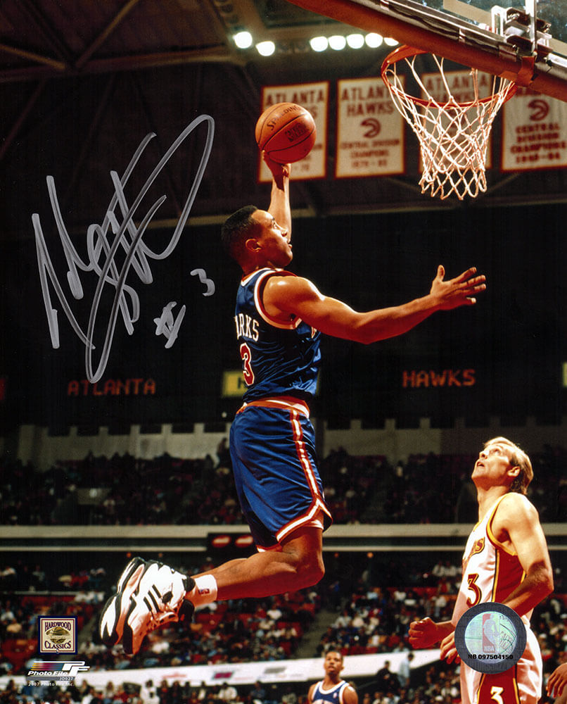 John Starks Autographed New York Knicks Blue Jersey Action 8x10 Photo-Powers Sports Memorabilia