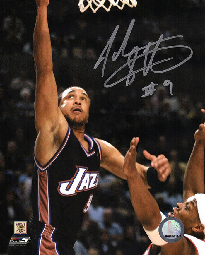 John Starks Autographed Utah Jazz Navy Jersey Close Up Action 8x10 Photo-Powers Sports Memorabilia
