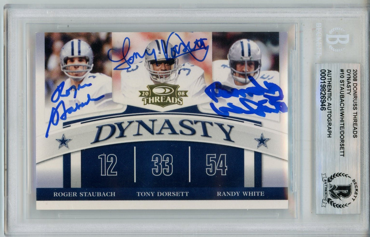 Dorsett White Staubach Dallas Cowboys Signed Card - 08 Donruss Dynasty Threads D-10 Beckett Beckett-Powers Sports Memorabilia