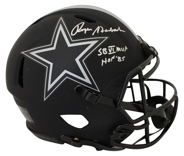 Roger Staubach Signed Dallas Cowboys Authentic Eclipse Helmet 2 Insc – Beckett Authenticated-Powers Sports Memorabilia