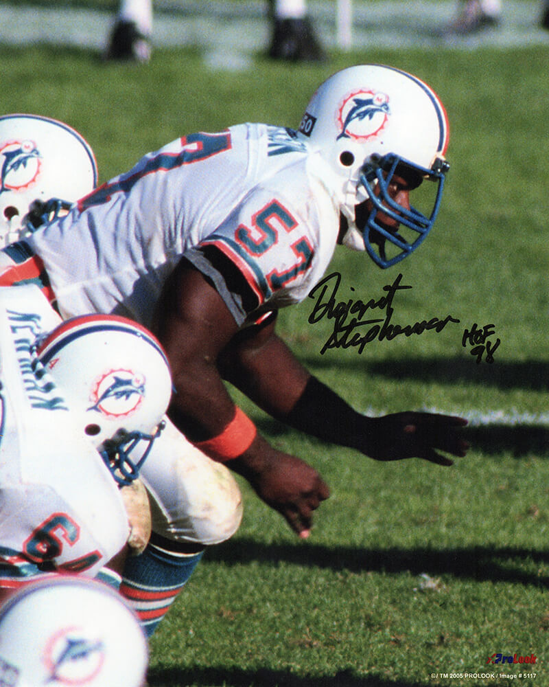 Dwight Stephenson Autographed Miami Dolphins White Jersey Stance 8x10 Photo with HOF'98-Powers Sports Memorabilia