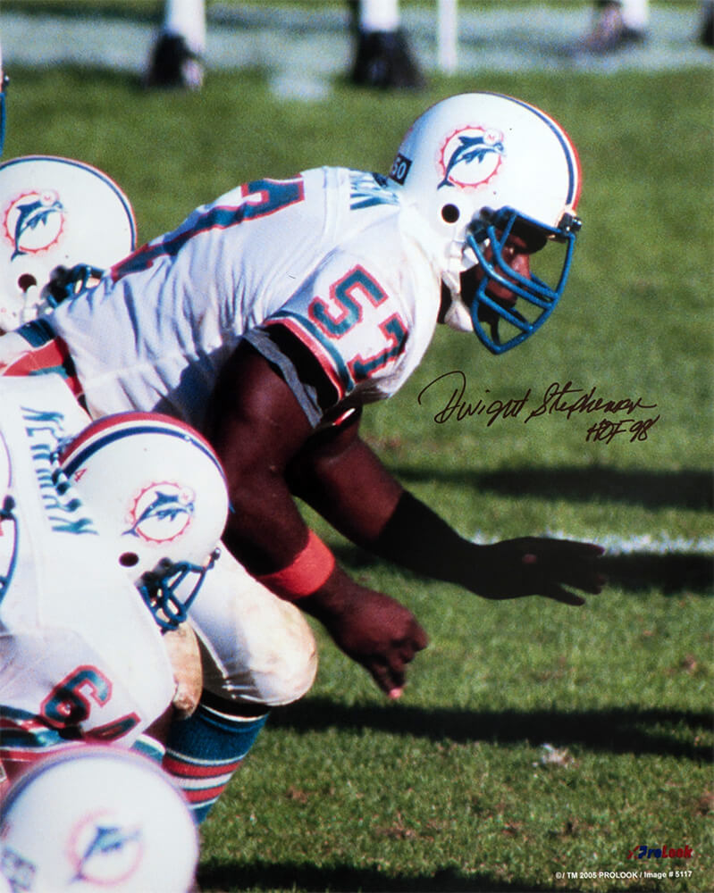 Dwight Stephenson Autographed Miami Dolphins White Jersey Action 16x20 Photo with HOF'98-Powers Sports Memorabilia