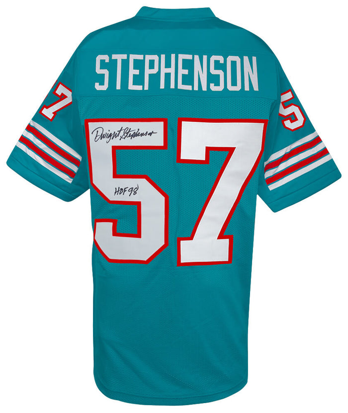 Dwight Stephenson Autographed Teal Custom Football Jersey with HOF'98-Powers Sports Memorabilia