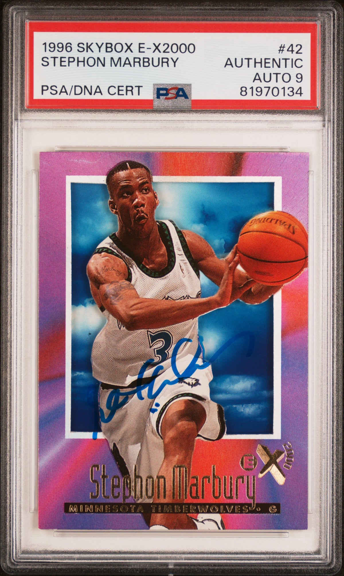 Stephon Marbury 1996 Skybox E-X2000 Signed Rookie Card #42 Auto PSA 9 81970134-Powers Sports Memorabilia