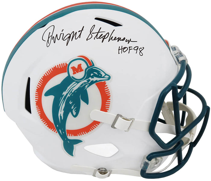Dwight Stephenson Autographed Miami Dolphins Throwback Riddell Full Size Speed Replica Helmet with HOF'98-Powers Sports Memorabilia