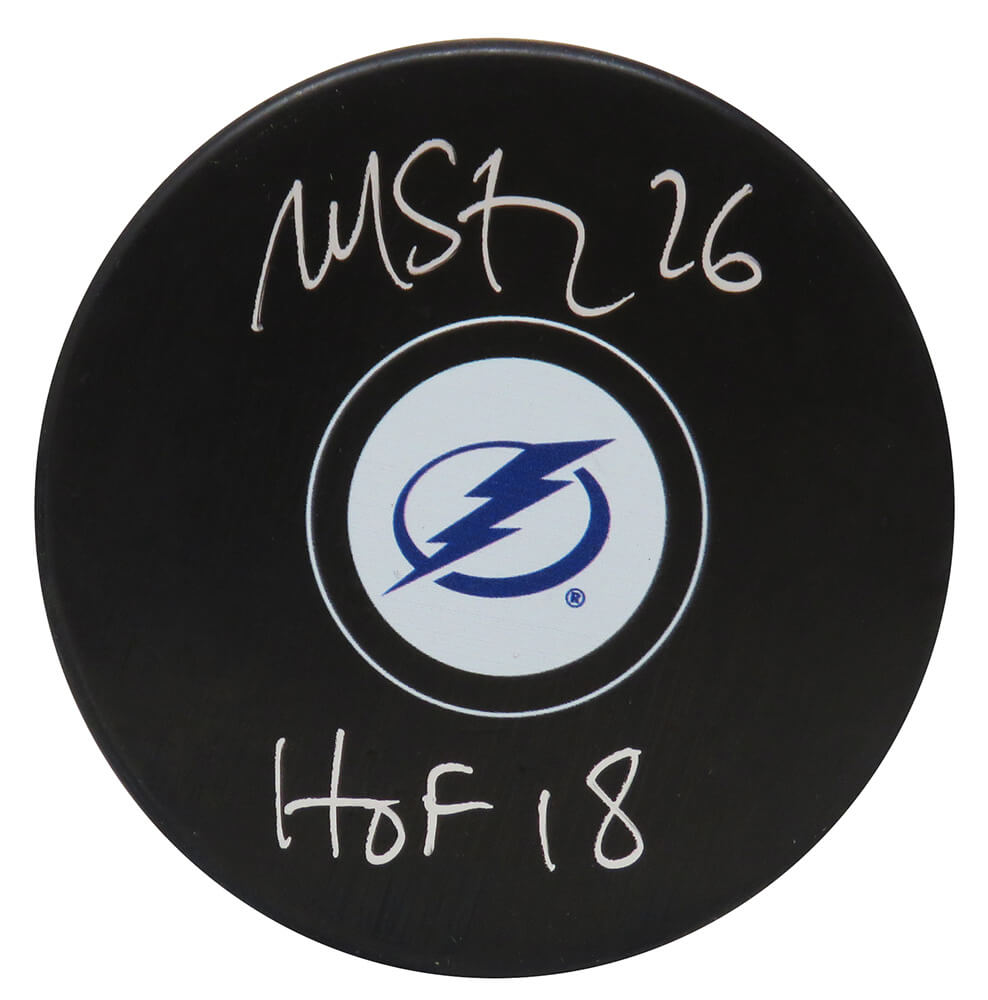 Martin St. Louis Autographed Tampa Bay Lightning Hockey Puck with HOF 18-Powers Sports Memorabilia