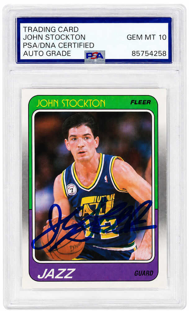 John Stockton Autographed Utah Jazz 1988 Fleer Rookie Basketball Card #115 - (PSA Encapsulated - Auto Grade 10)-Powers Sports Memorabilia