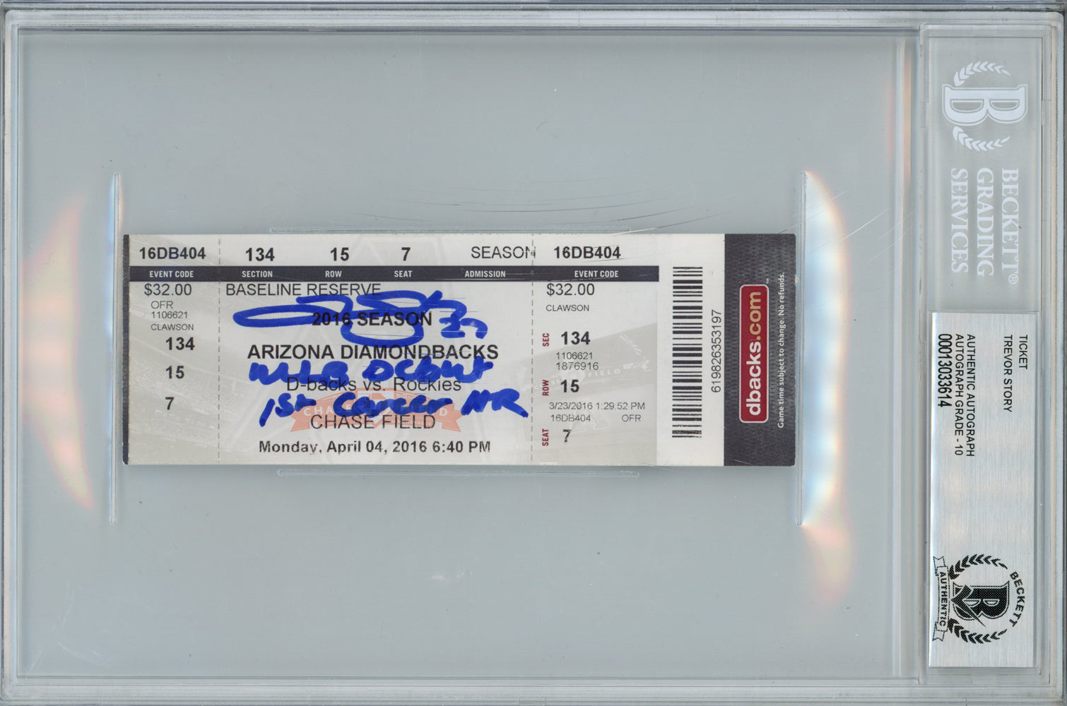 Trevor Story Rockies vs Diamondbacks MLB Debut/HR Signed Ticket-Powers Sports Memorabilia