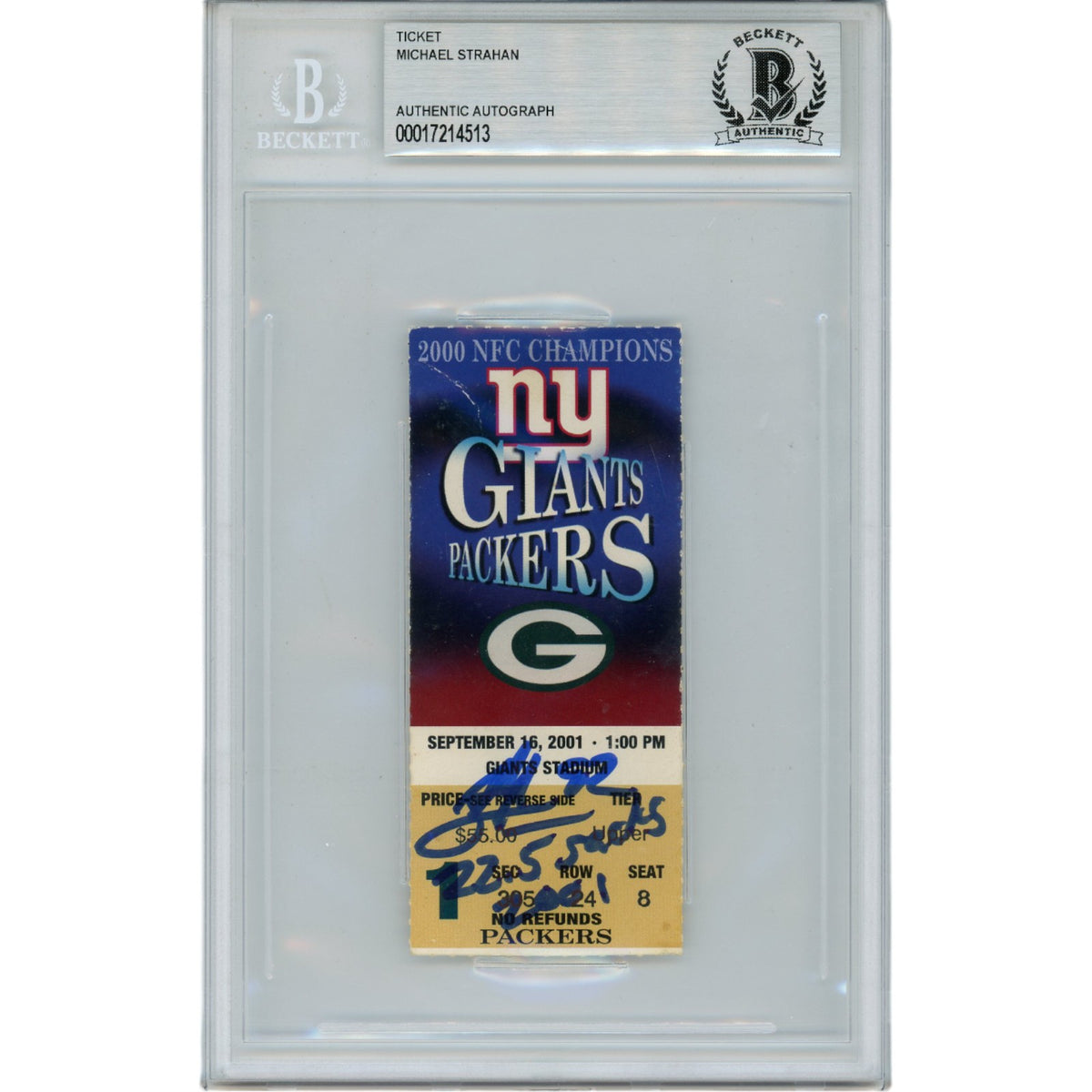 Michael Strahan New York Giants Signed Card - Ticket Stub 22.5 Sacks Beckett Beckett-Powers Sports Memorabilia