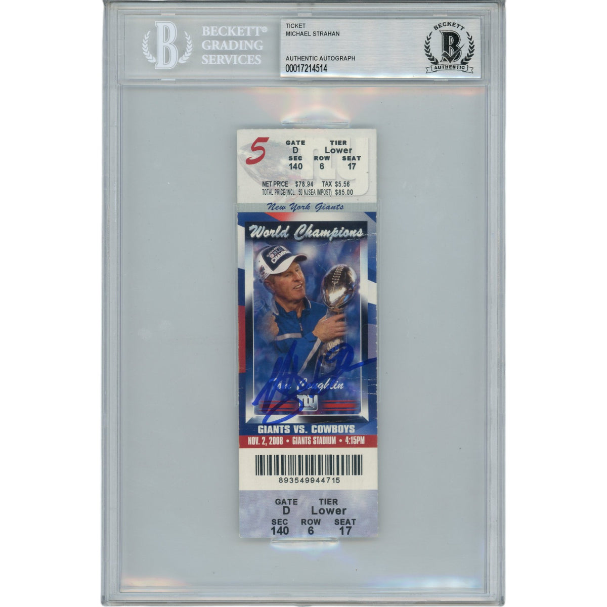 Michael Strahan New York Giants Signed Card - 11/2/08 Ticket Stub Beckett Beckett-Powers Sports Memorabilia