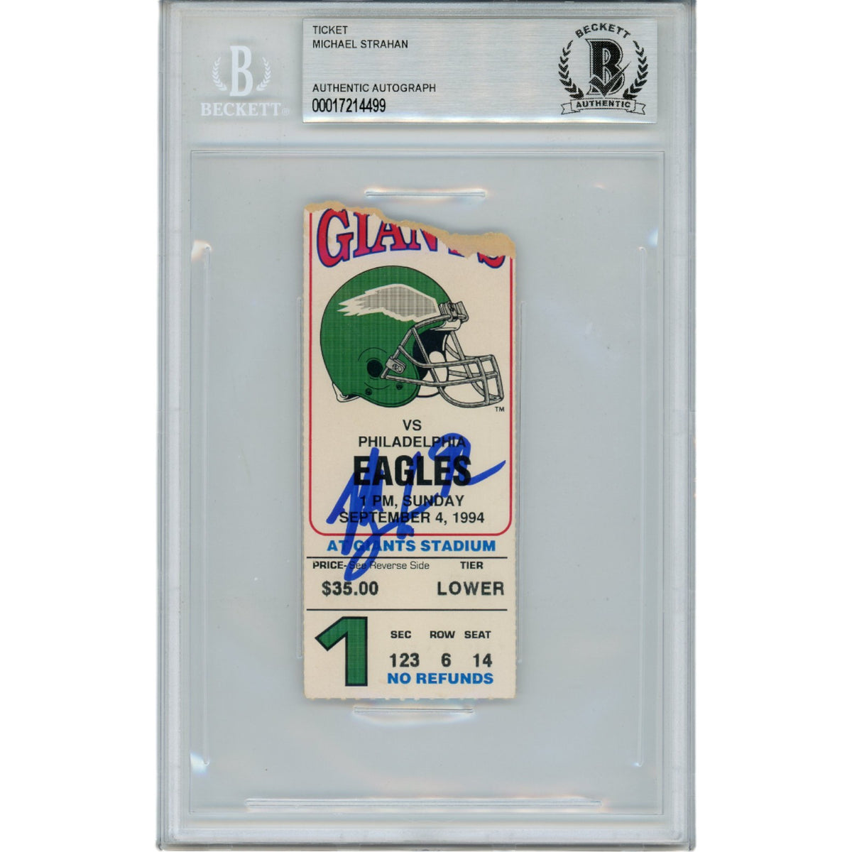 Michael Strahan New York Giants Signed Card - 9/4/94 Ticket Stub Beckett Beckett-Powers Sports Memorabilia