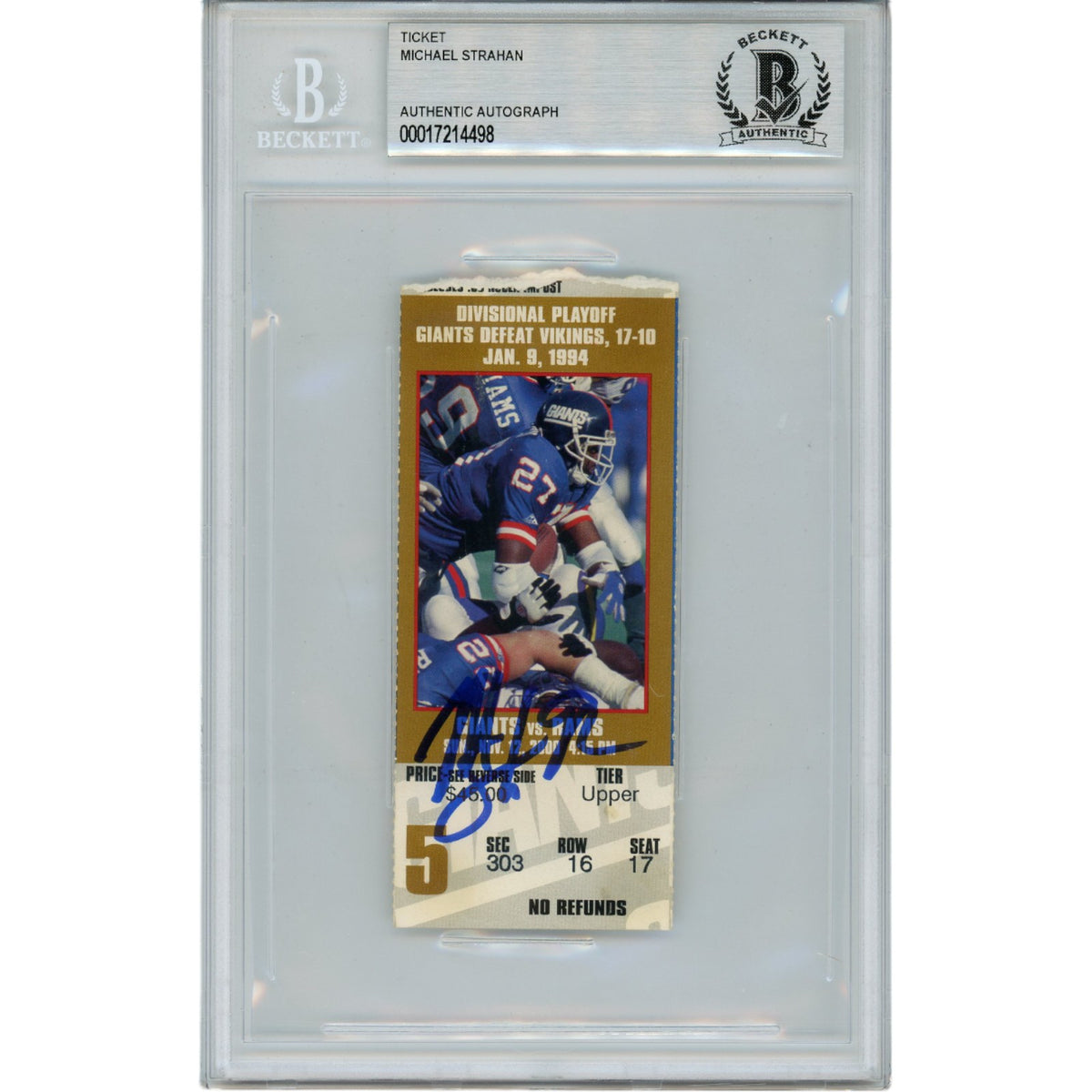 Michael Strahan New York Giants Signed Card - 1/9/94 Ticket Stub Beckett Beckett-Powers Sports Memorabilia