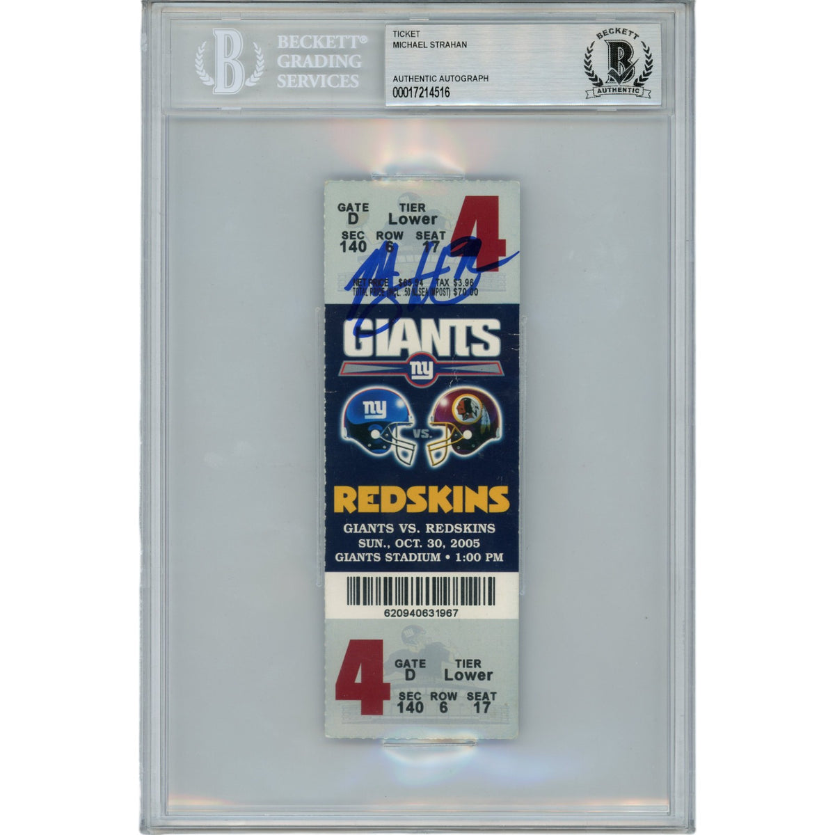 Michael Strahan New York Giants Signed Card - 10/30/05 Ticket Stub Beckett Beckett-Powers Sports Memorabilia