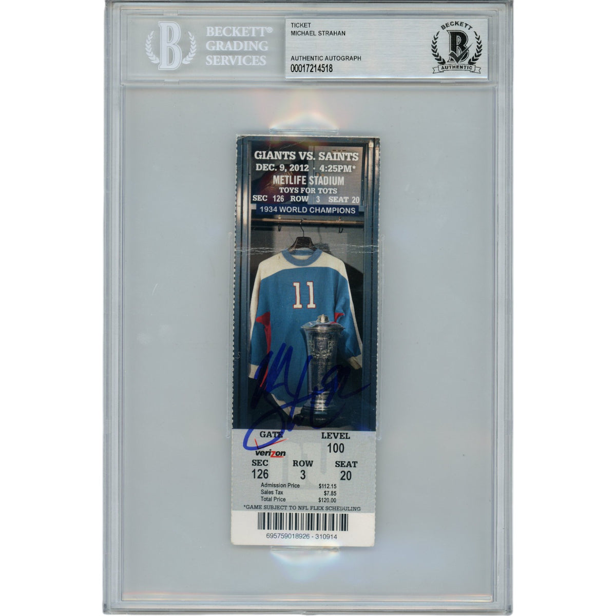 Michael Strahan New York Giants Signed Card - 12/9/02 Ticket Stub Beckett Beckett-Powers Sports Memorabilia