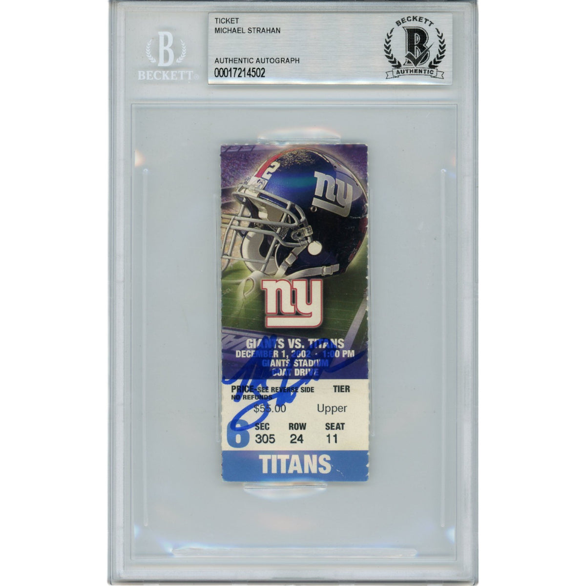 Michael Strahan New York Giants Signed Card - 12/1/02 Ticket Stub Beckett Beckett-Powers Sports Memorabilia