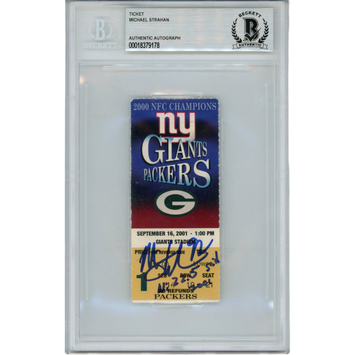 Michael Strahan New York Giants Signed Card - 2001 Ticket 22.5 Sacks Beckett Beckett - 49829-Powers Sports Memorabilia