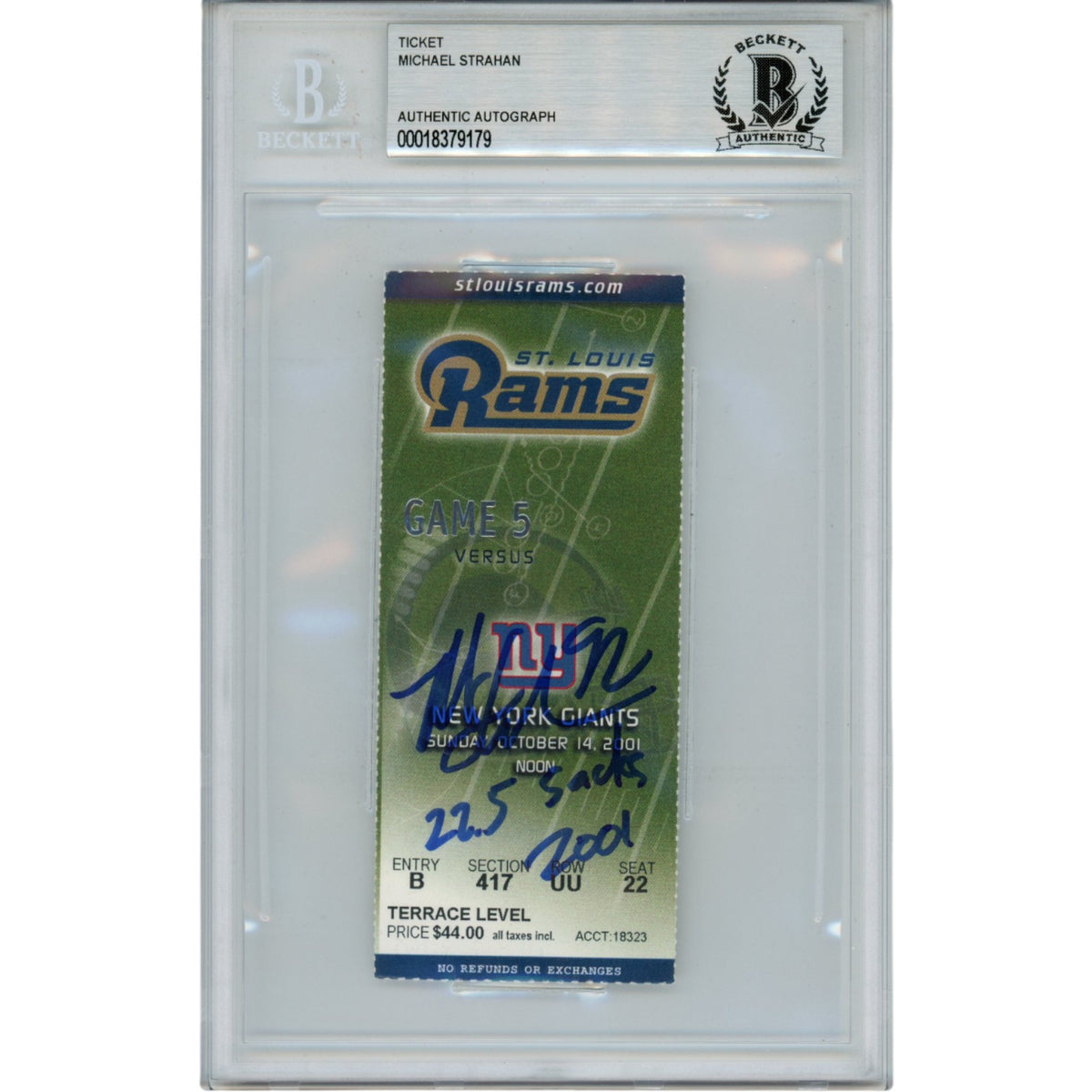 Michael Strahan New York Giants Signed Card - 2001 Ticket 22.5 Sacks Beckett Beckett-Powers Sports Memorabilia