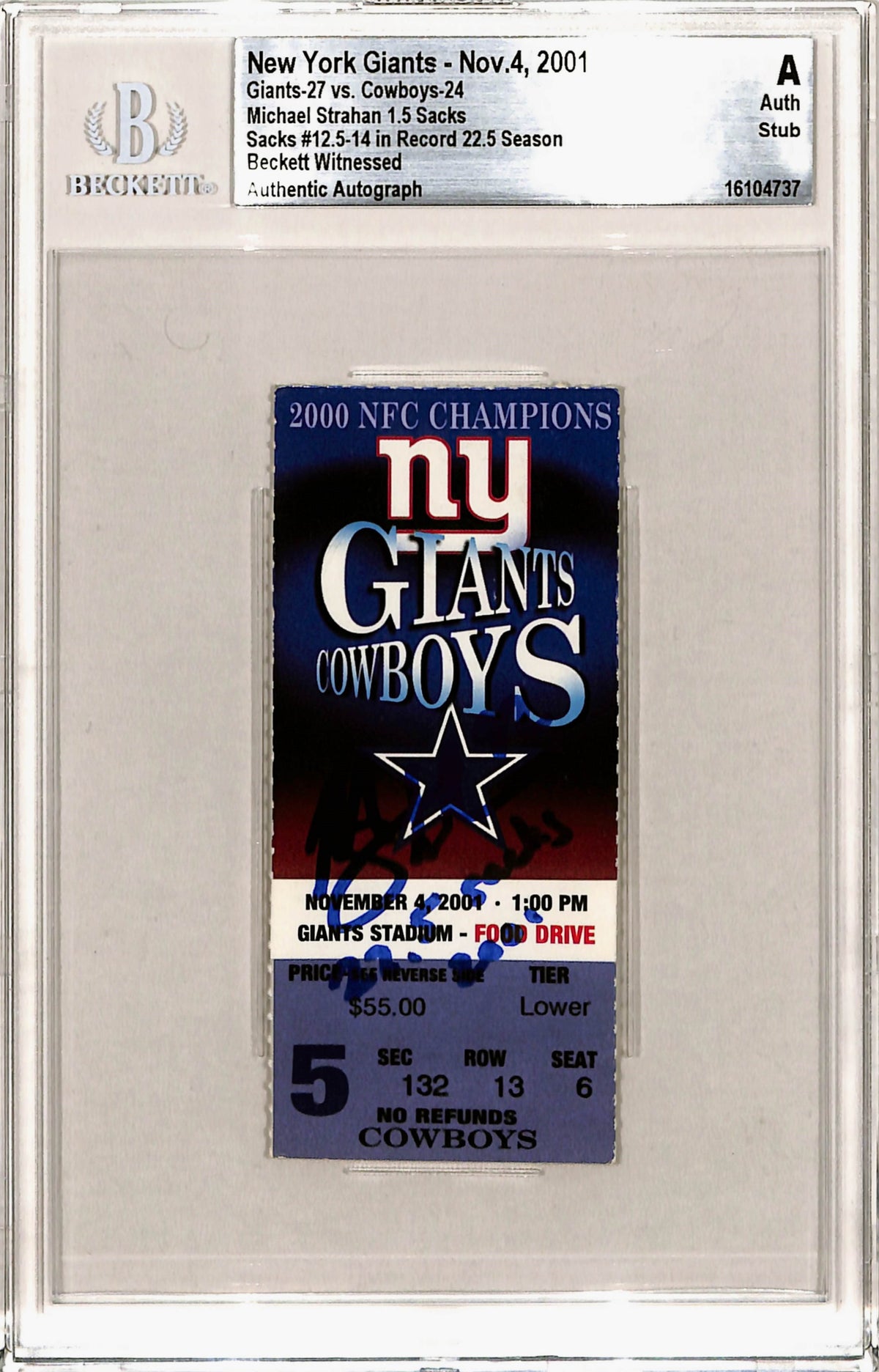 Michael Strahan New York Giants Signed Card - Ticket Stub 11/04/01 Beckett Slab Beckett-Powers Sports Memorabilia