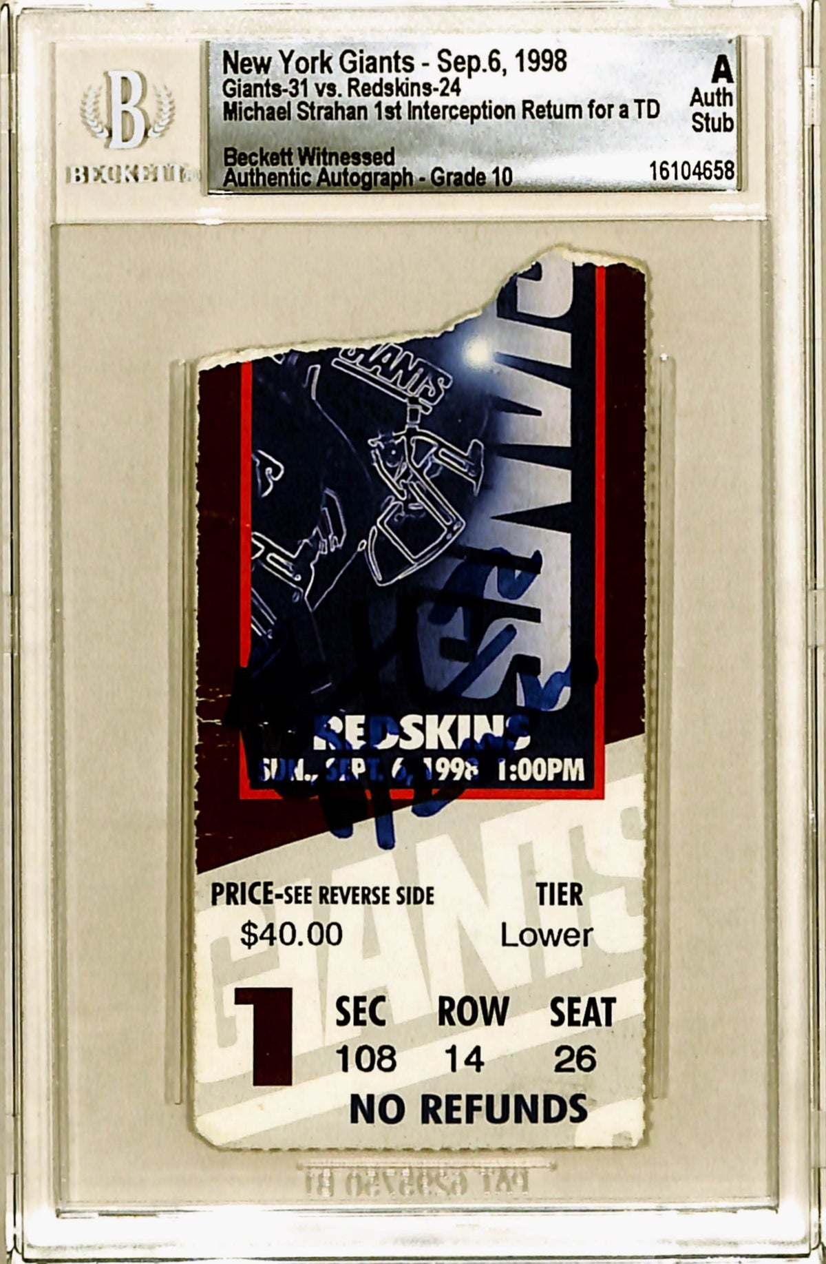 Michael Strahan New York Giants Signed Card - Ticket Stub 09/06/98 Beckett Slab Beckett-Powers Sports Memorabilia