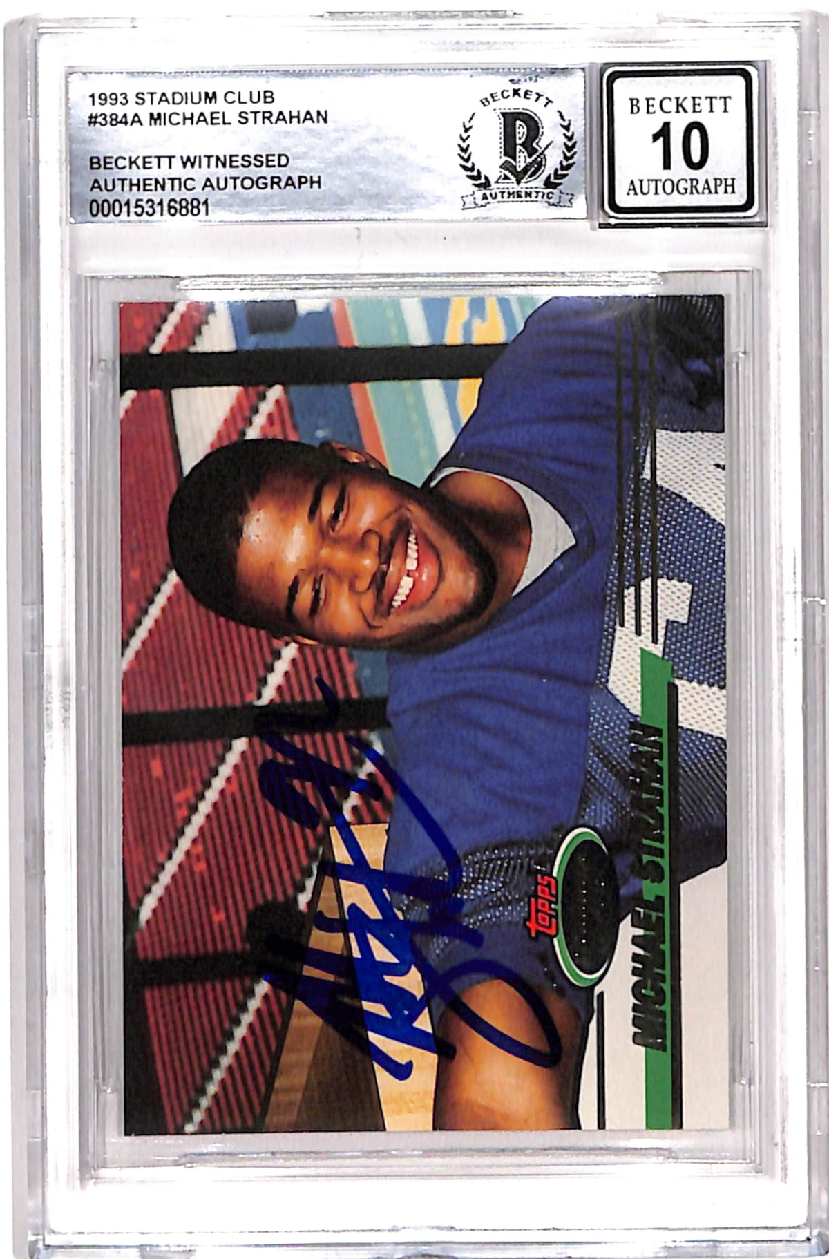 Michael Strahan New York Giants Signed Card - 1993 Stadium Club #384a 10 Auto Beckett Beckett-Powers Sports Memorabilia