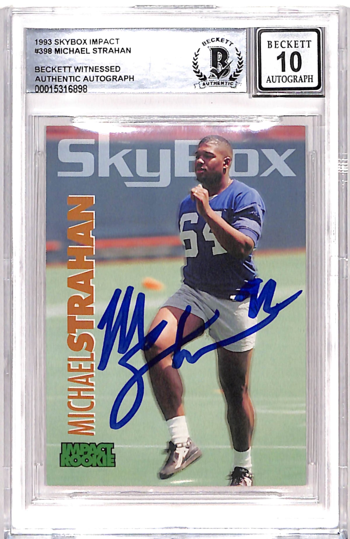 Michael Strahan New York Giants Signed Card - 1993 Skybox #398 10 Auto Beckett Beckett-Powers Sports Memorabilia