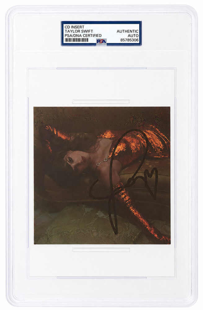 Taylor Swift Autographed 'Life Of A Showgirl' (Laying Down) 5x5 CD Insert with Heart - (PSA/DNA Encapsulated)-Powers Sports Memorabilia
