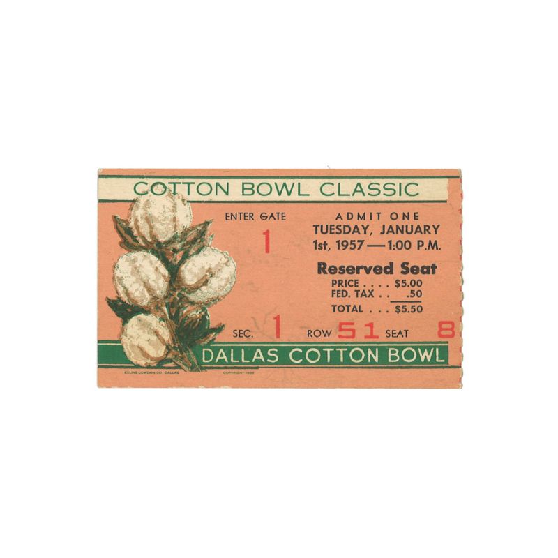 1957 Cotton Bowl Ticket - Jim Brown's Last Game Playing for Syracuse University-Powers Sports Memorabilia