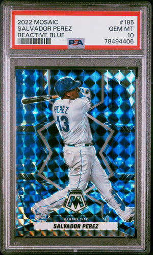 Salvador Perez 2022 Panini Mosaic Reactive Blue Baseball Card #185 Graded PSA 10-Powers Sports Memorabilia