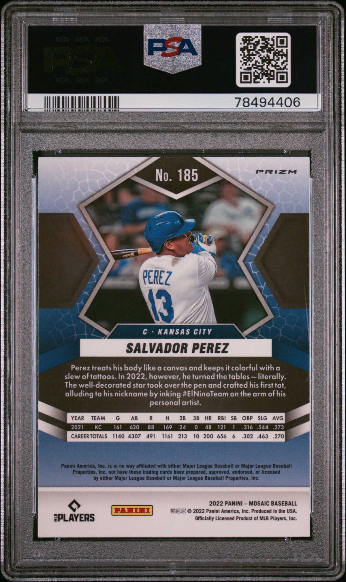 Salvador Perez 2022 Panini Mosaic Reactive Blue Baseball Card #185 Graded PSA 10-Powers Sports Memorabilia
