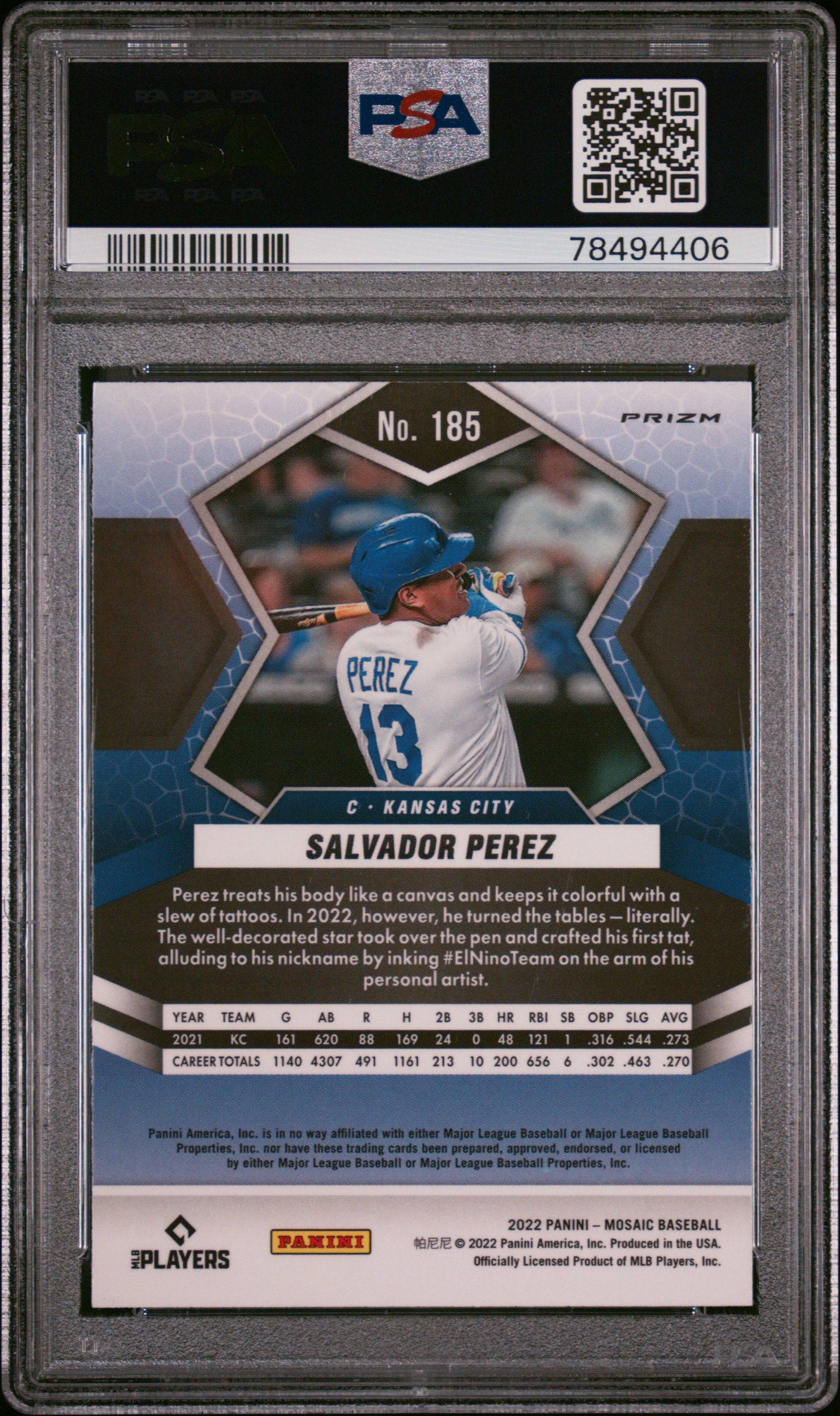 Salvador Perez 2022 Panini Mosaic Reactive Blue Baseball Card #185 Graded PSA 10-Powers Sports Memorabilia