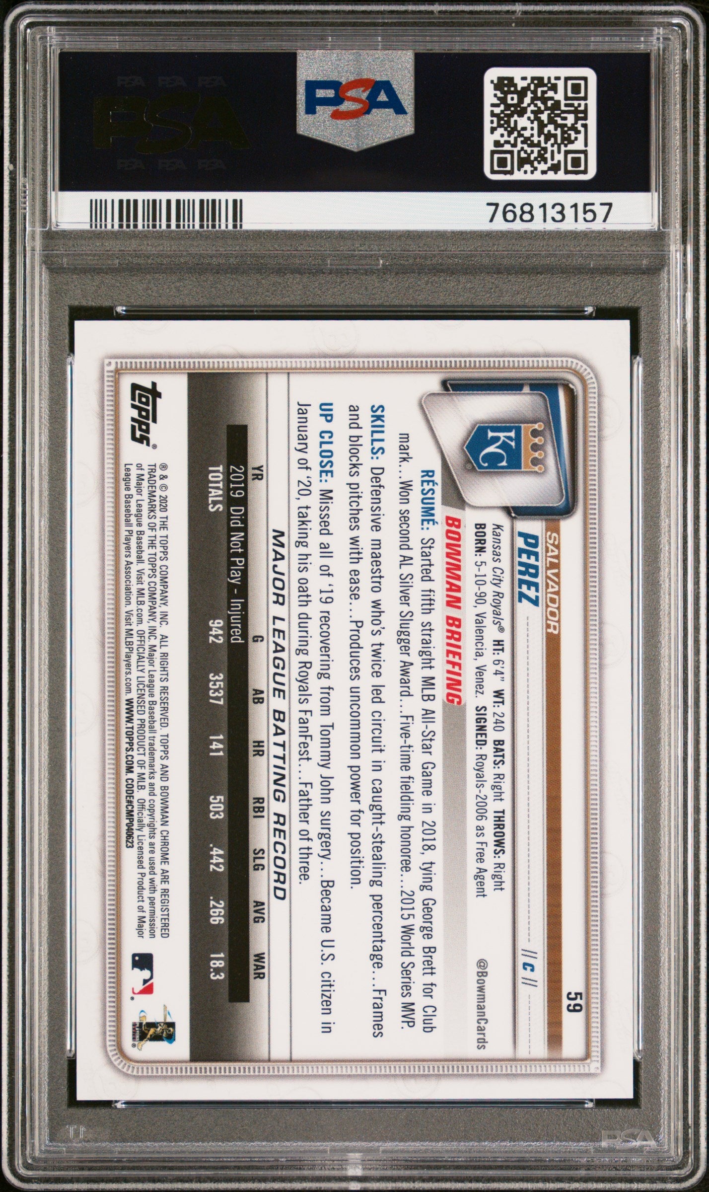 Salvador Perez 2020 Bowman Chrome Blue Refractor Baseball Card #59 PSA 8 146/150-Powers Sports Memorabilia