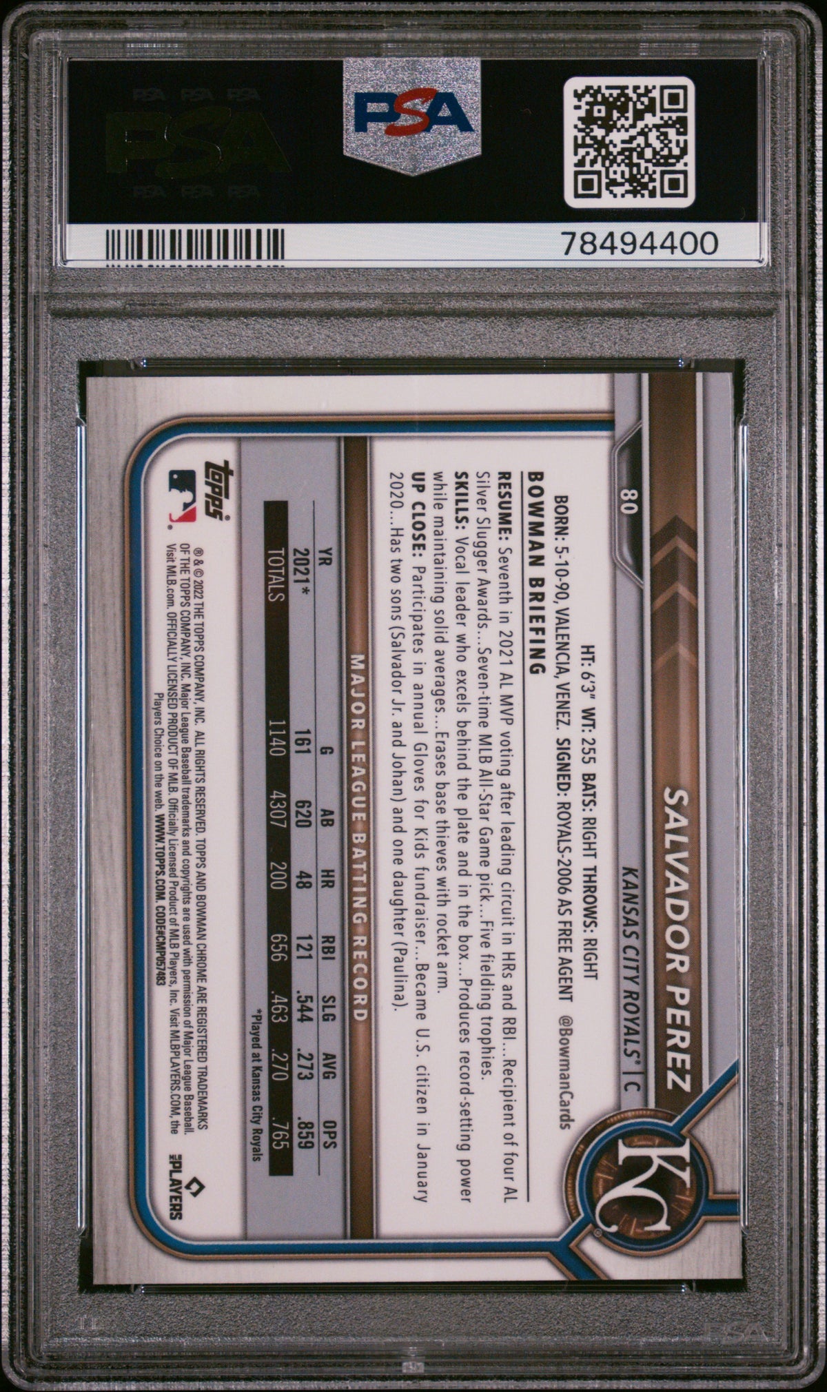 Salvador Perez 2022 Bowman Chrome Sapphire Edition Baseball Card #80 PSA 10-Powers Sports Memorabilia